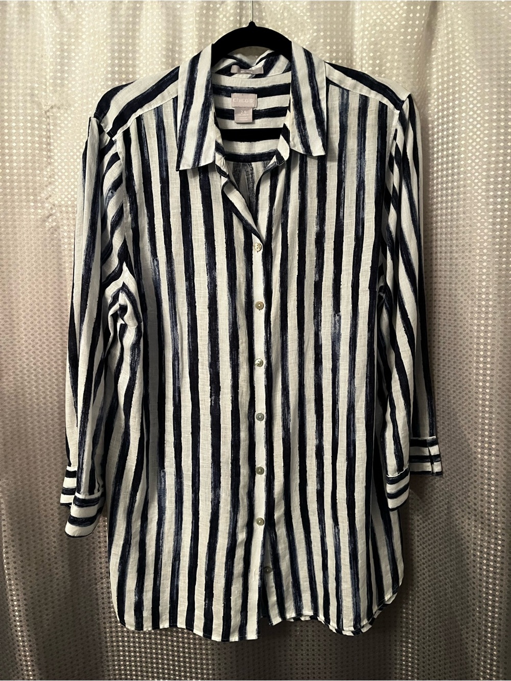 Chico's Navy and White No Iron Linen Striped Button-Up Tunic